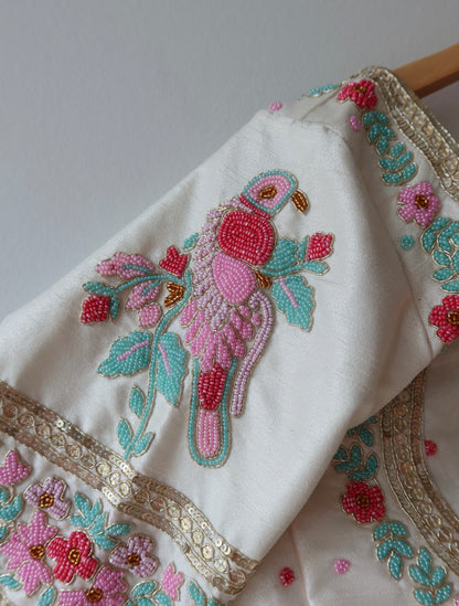 White Silk Blouse with Hand-Embroidered Pink and Blue Zari Work - 34/36, New