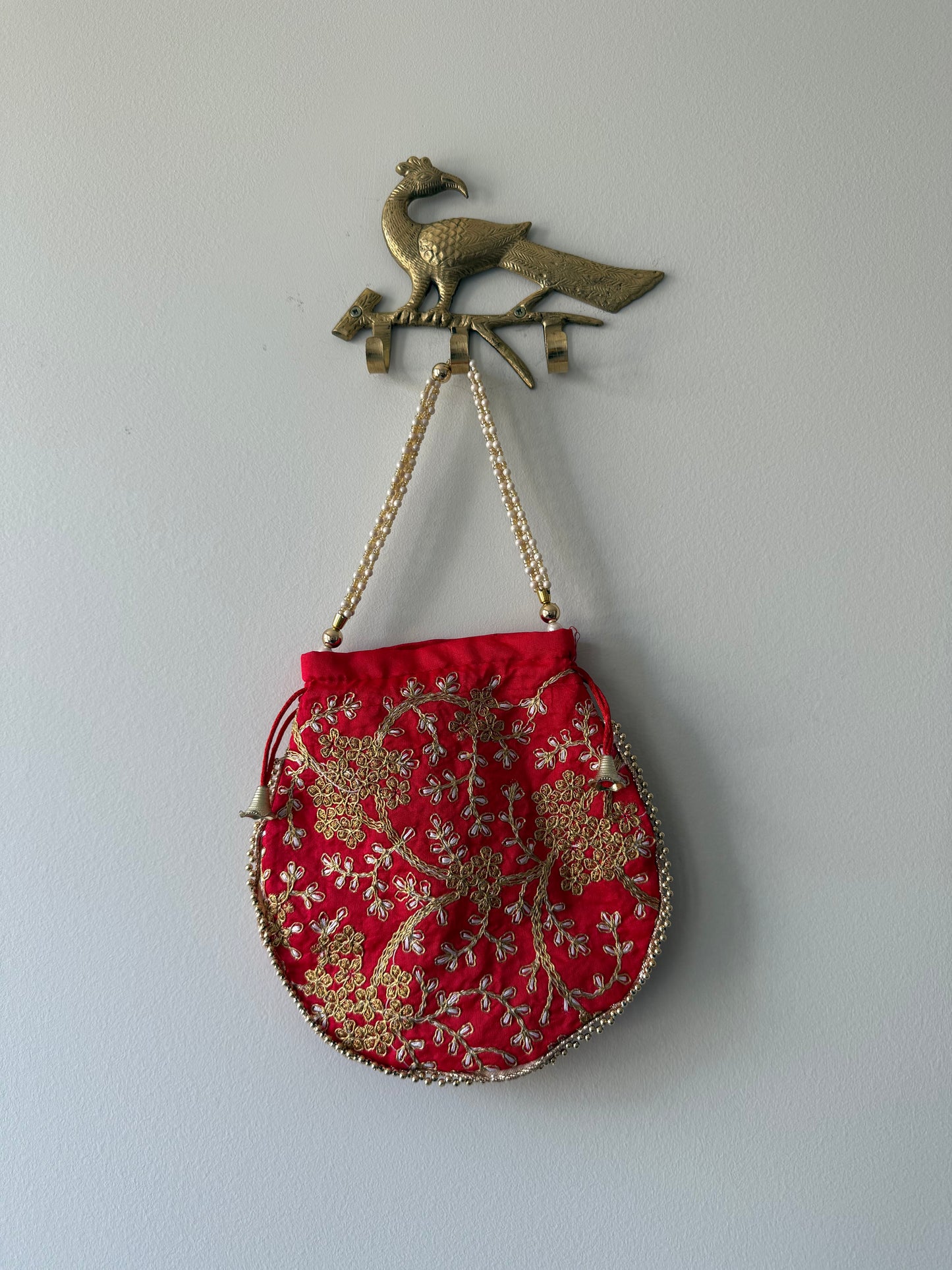 Red Silk Embroidered Salwar Kameez with matching Potli bag- New, 40