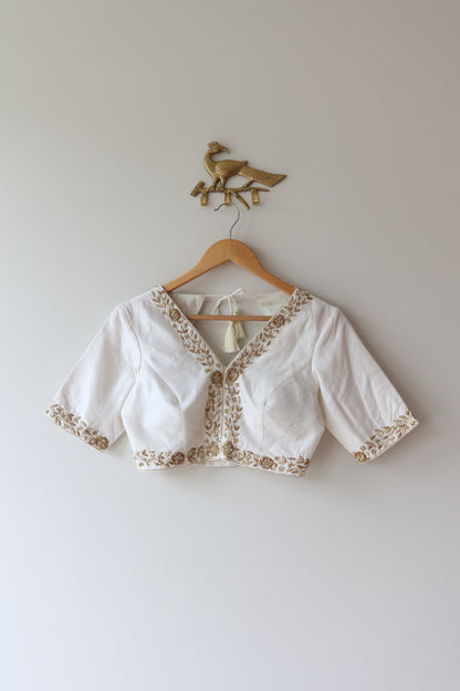 White and Gold Silk Blouse with Hand-Embroidered Zari Work - 34/36, New