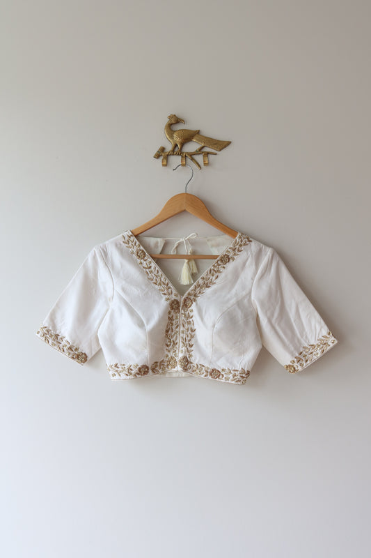 White and Gold Silk Blouse with Hand-Embroidered Zari Work - 34/36, New