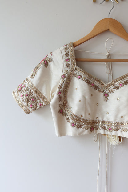 White Silk Blouse with Hand-Embroidered Pink Zari Work - 34/36, New