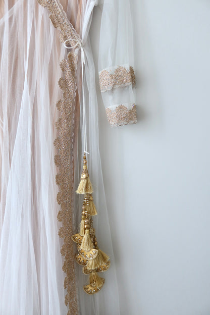 White and Bronze 3-Piece Anarkali with Zari Embroidery - Preloved