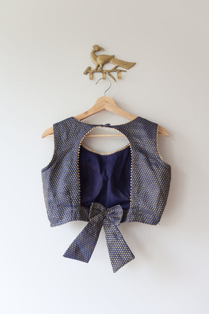 Navy Blue Sleeveless Brocade Blouse - 40, Preloved