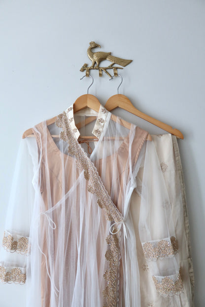 White and Bronze 3-Piece Anarkali with Zari Embroidery - Preloved