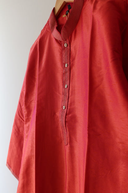 Raw Silk Pink Red Kurta Set- 40, New