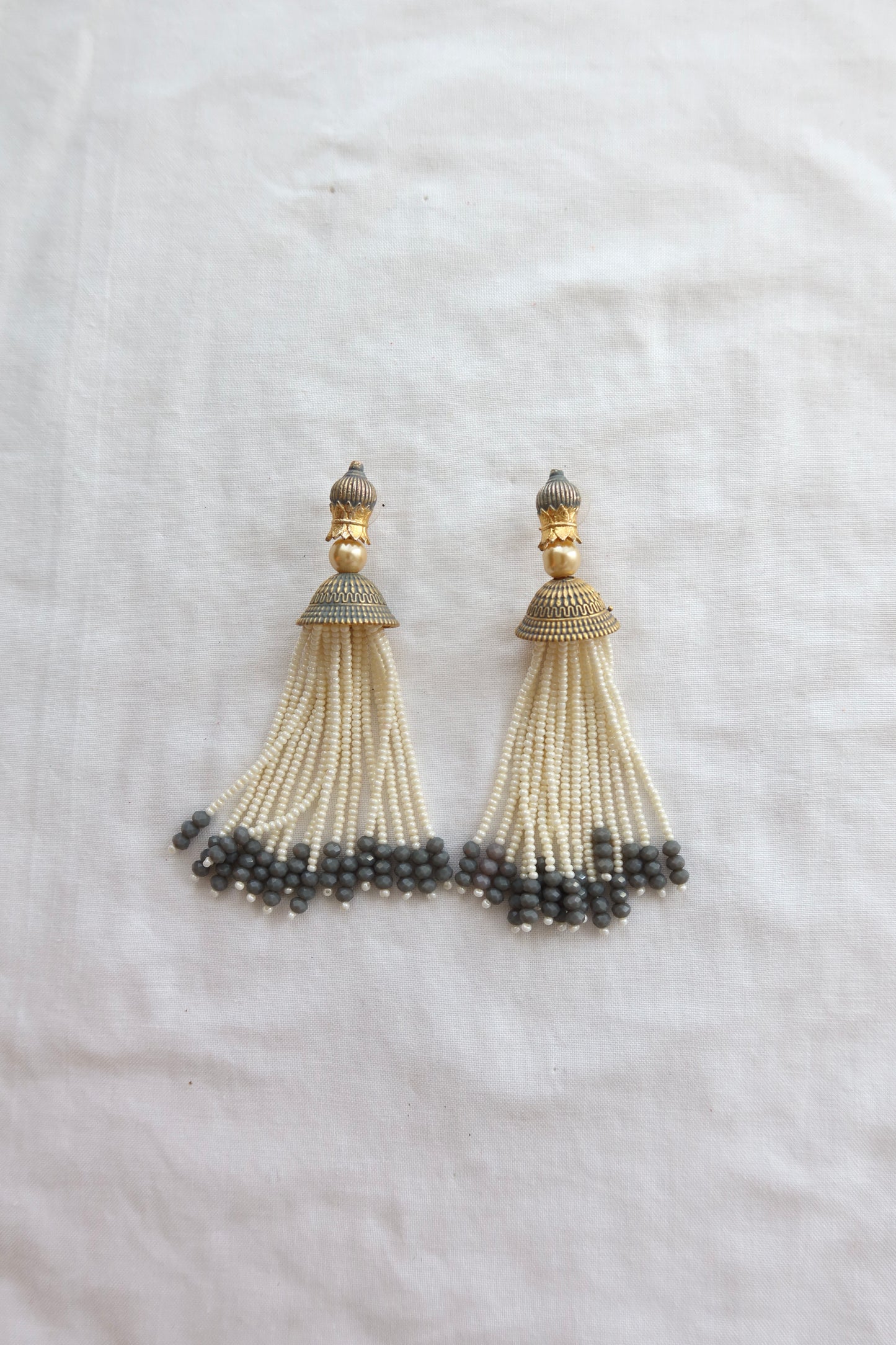 Gray Dangle Earrings with Pearl and Gold Finish - New