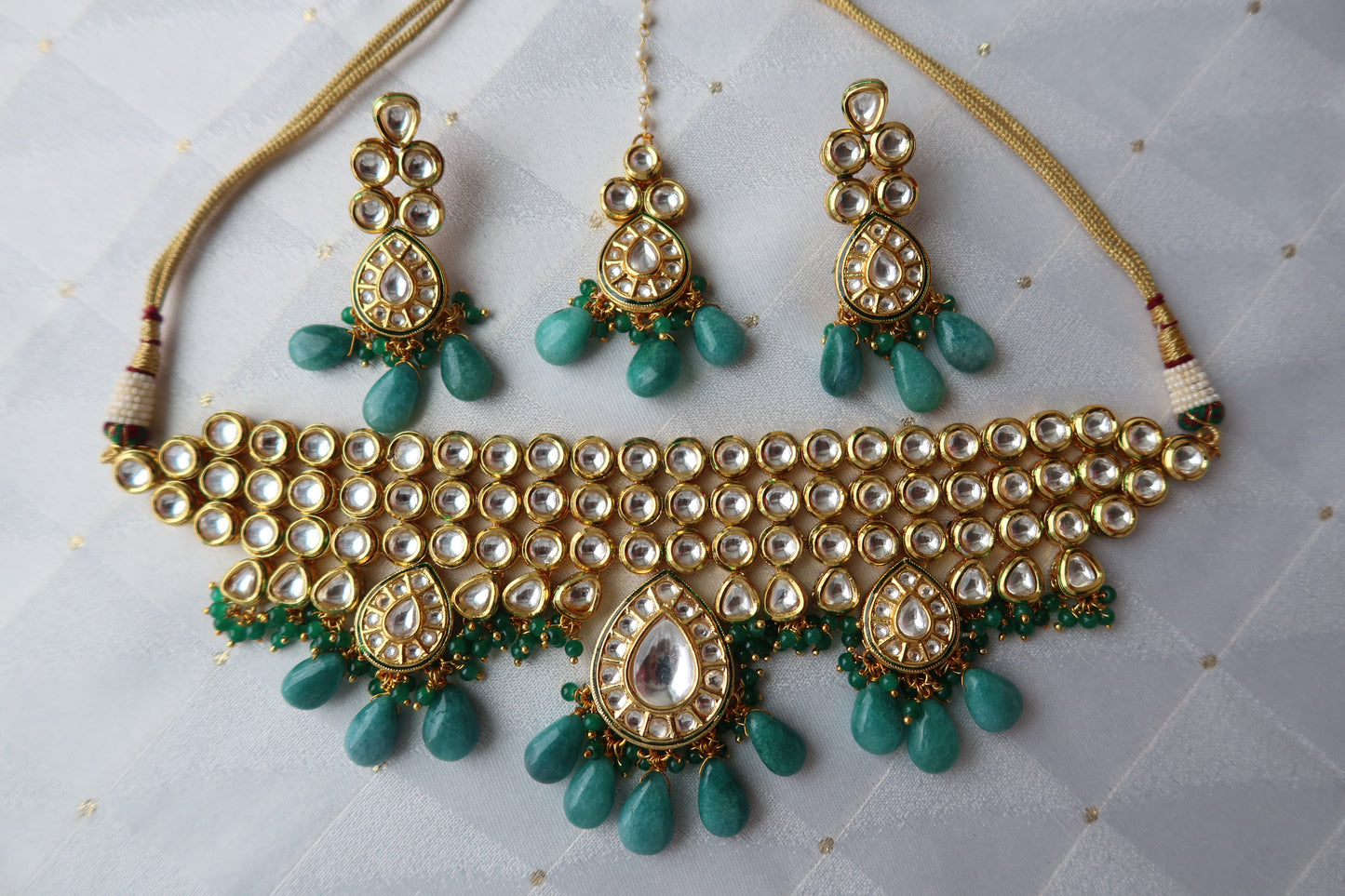 Gold Plated Kundan Polki & Green Beaded Necklace Set - New