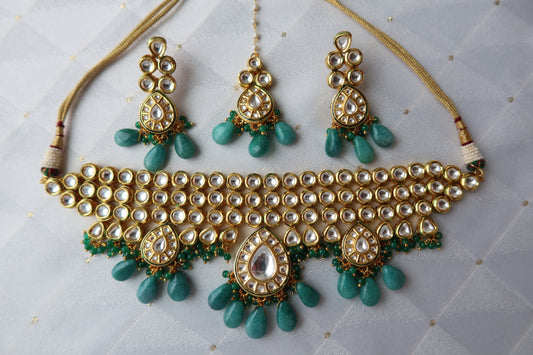 Gold Plated Kundan Polki & Green Beaded Necklace Set - New