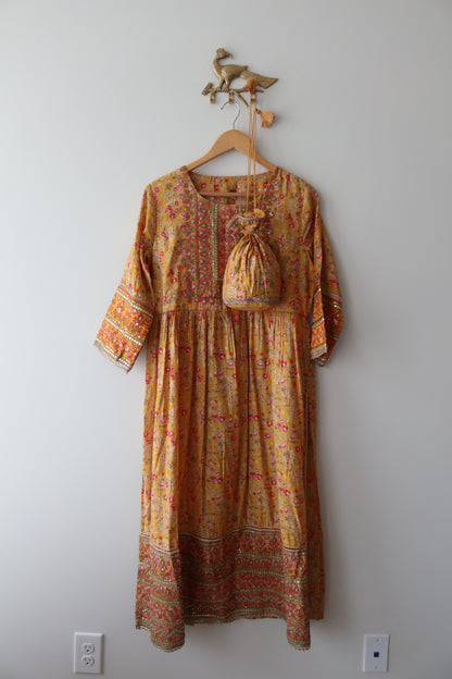 Yellow Floral Salwar Kameez Set With Potli - Size 42, Preloved