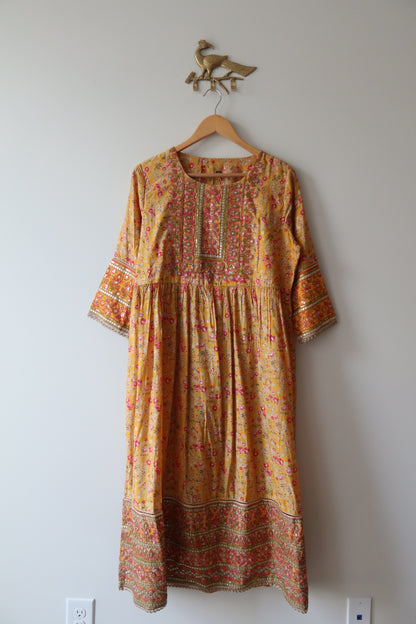 Yellow Floral Salwar Kameez Set With Potli - Size 42, Preloved