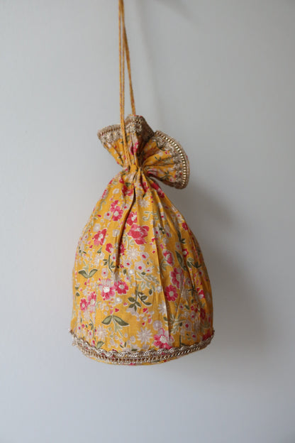 Yellow Floral Salwar Kameez Set With Potli - Size 42, Preloved