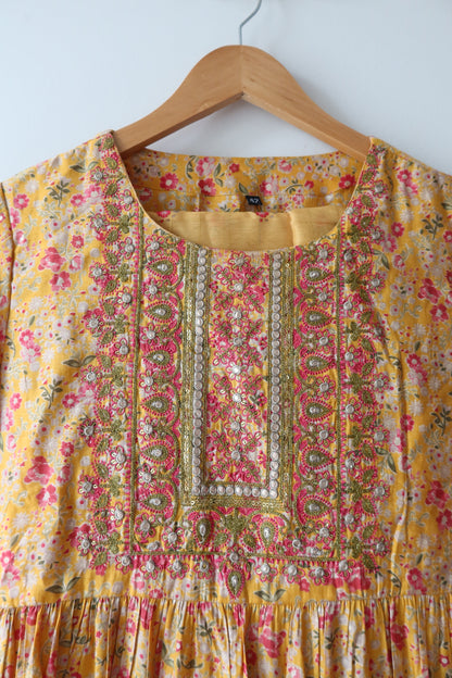 Yellow Floral Salwar Kameez Set With Potli - Size 42, Preloved