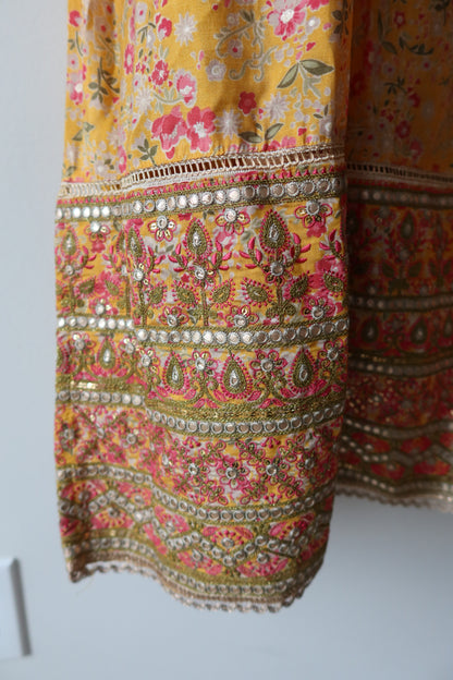 Yellow Floral Salwar Kameez Set With Potli - Size 42, Preloved