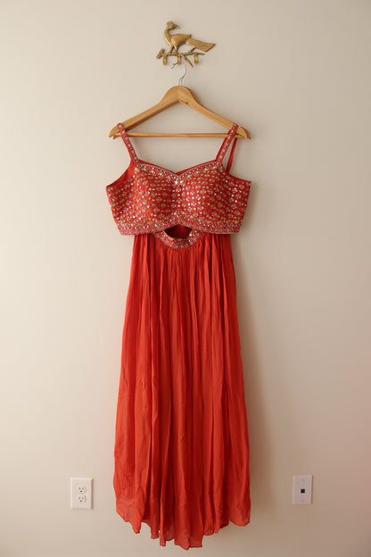 Orange Embellished Mirror Work Crop Top And Sharara Set - Size 42, Preloved