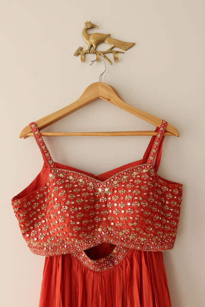 Orange Embellished Mirror Work Crop Top And Sharara Set - Size 42, Preloved