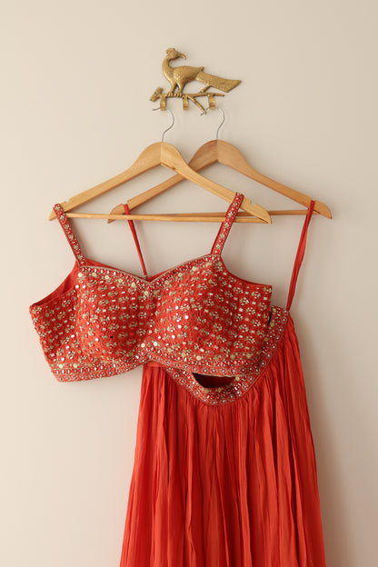 Orange Embellished Mirror Work Crop Top And Sharara Set - Size 42, Preloved