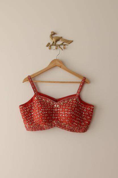 Orange Embellished Mirror Work Crop Top And Sharara Set - Size 42, Preloved