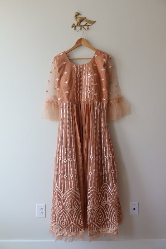 Beige Net Gown Dress - Size L, Brand New