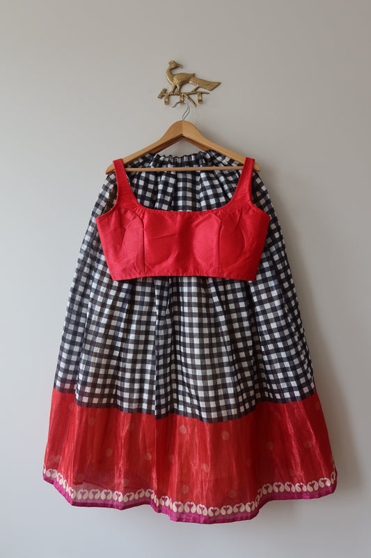 Pink Red Plaid Silk Lehenga Set - Size L, New