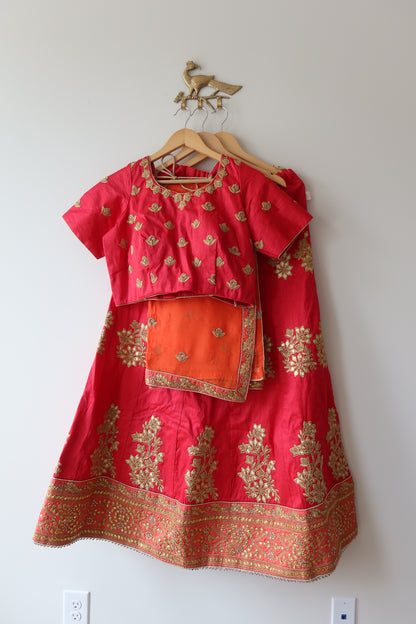 Hot Pink Silk Lehenga Set With Peach Coral Dupatta - Size 42, Brand New