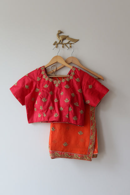 Hot Pink Silk Lehenga Set With Peach Coral Dupatta - Size 42, Brand New