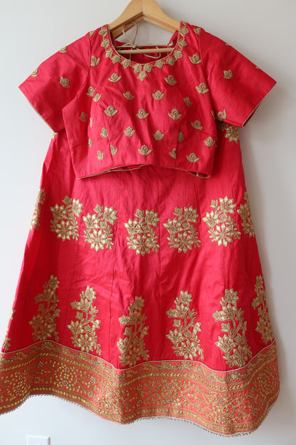 Hot Pink Silk Lehenga Set With Peach Coral Dupatta - Size 42, Brand New