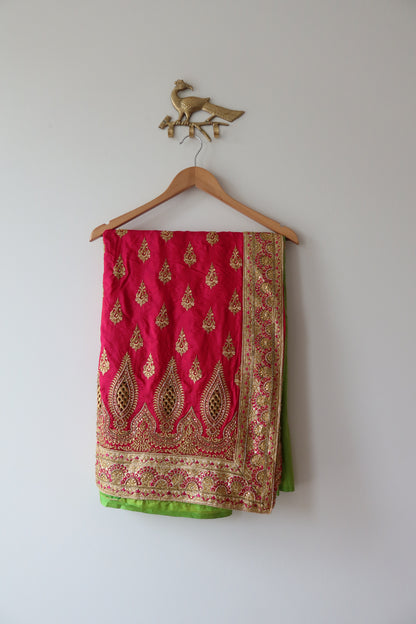 Green and Pink Silk Sari Set - New