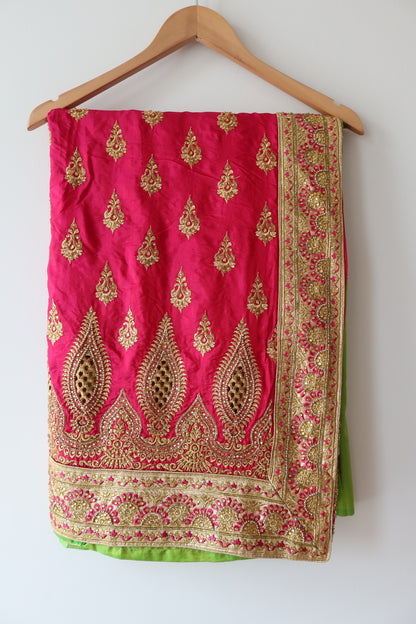 Green and Pink Silk Sari Set - New