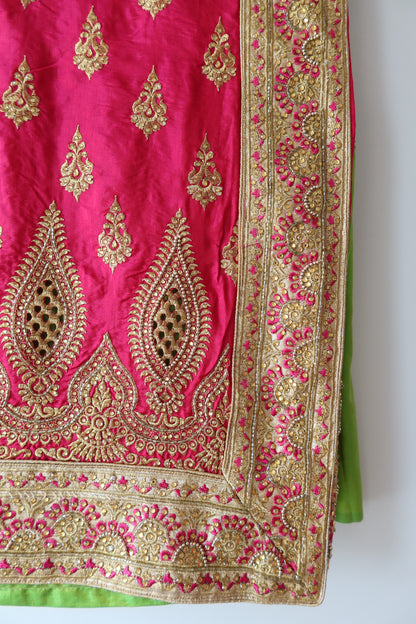 Green and Pink Silk Sari Set - New