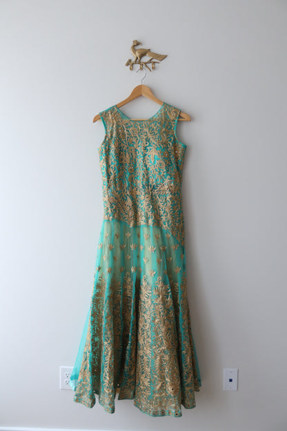 Teal & Gold Net Gown - Size 36, New