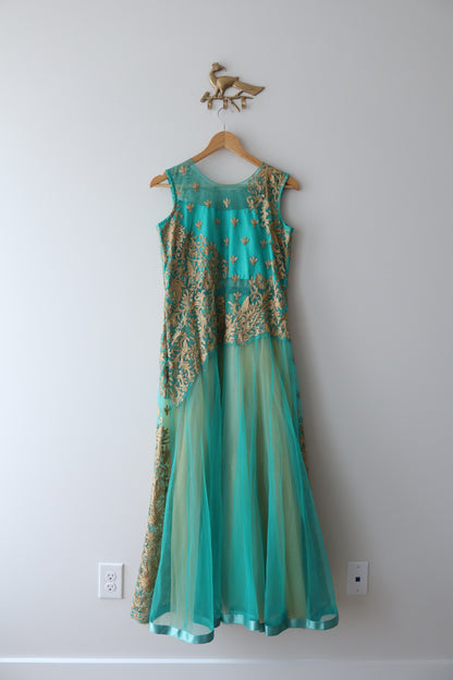 Teal & Gold Net Gown - Size 36, New
