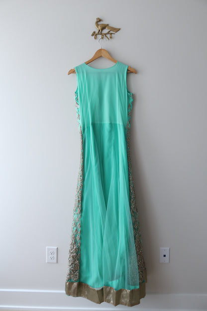 Turquoise & Silver Net Gown - Size 40, New