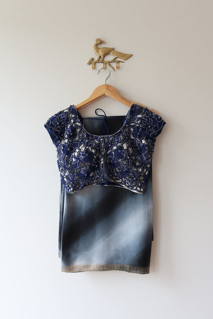 Navy Blue Embroidered Sari Set