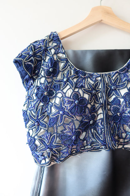 Navy Blue Embroidered Sari Set