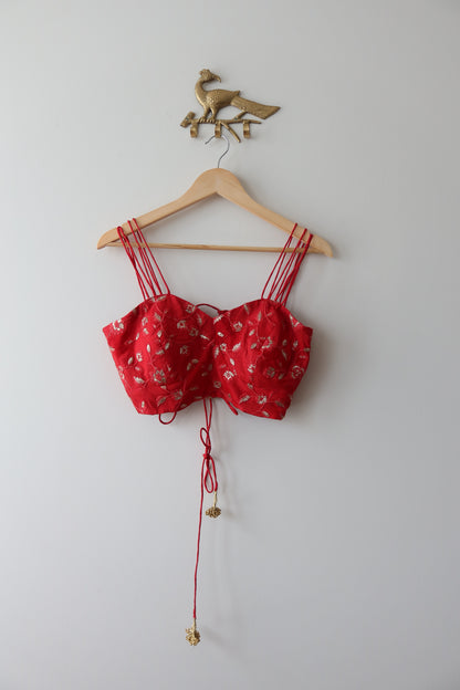 Strappy Cherry Red Top with Gold Threadwork- New