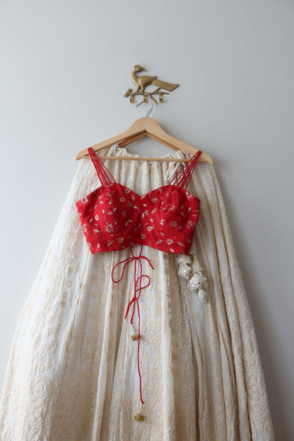 Strappy Cherry Red Top with Gold Threadwork- New