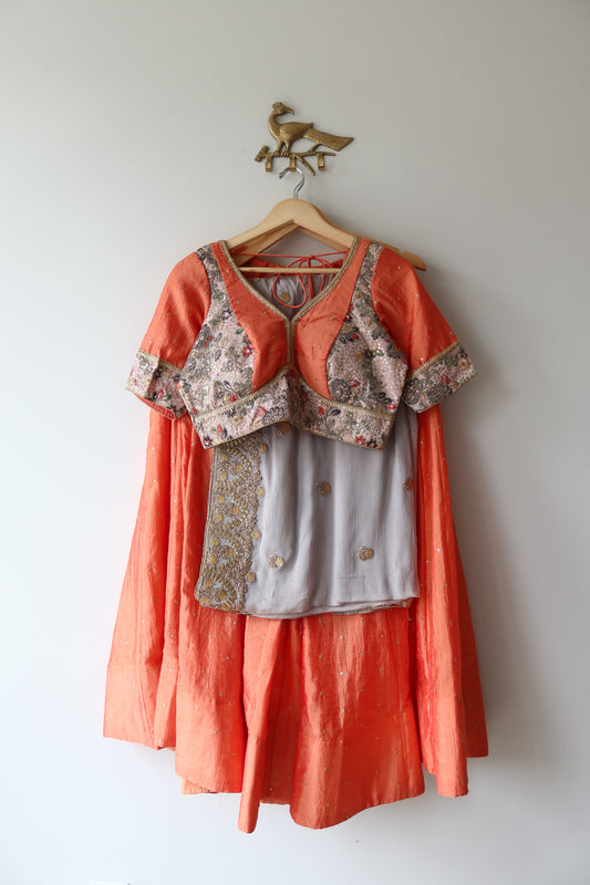 Peach and Gray Floral Lehenga Set - Brand New, Size M/L