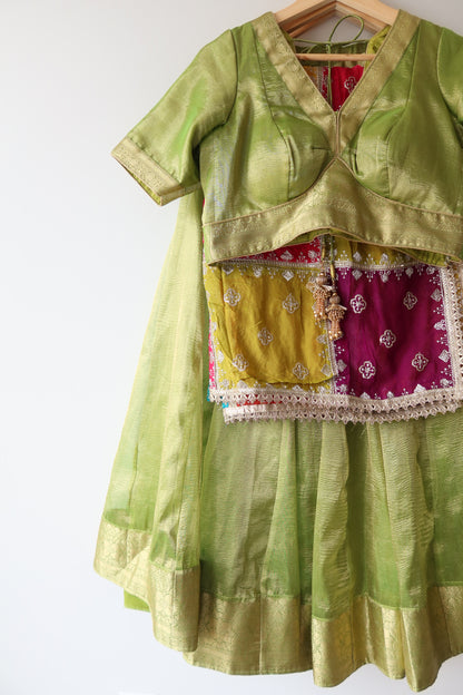Lime Green Tissue Silk Lehenga Choli Full set - New, Size XXL/3XL