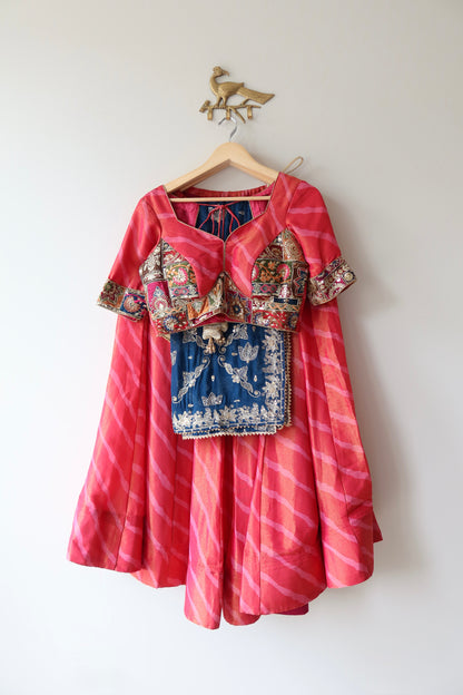 Pink and Blue Leheriya Print Lehenga Choli Full set - New, Size L/XL