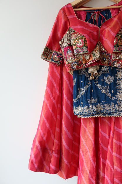 Pink and Blue Leheriya Print Lehenga Choli Full set - New, Size L/XL