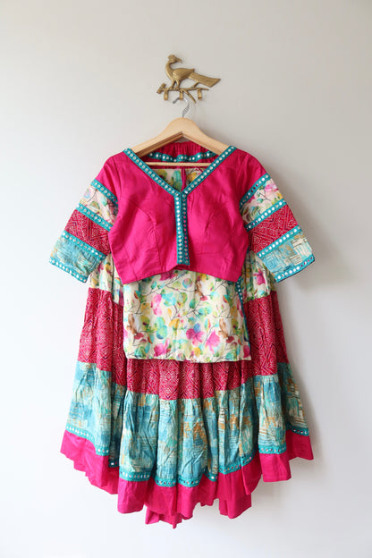 Pink and Blue Cotton Lehenga Choli Full set - New, Medium