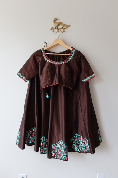 Brown Blue and Pink Silk Lehenga Choli Full set - New, Size L/XL