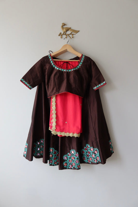 Brown Blue and Pink Silk Lehenga Choli Full set - New, Size L/XL