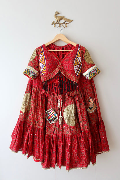 Red and Gold Block Print Lehenga Choli - New, M/L