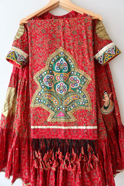 Red and Gold Block Print Lehenga Choli - New, M/L