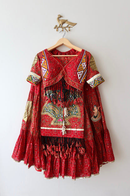 Red and Gold Block Print Lehenga Choli - New, M/L