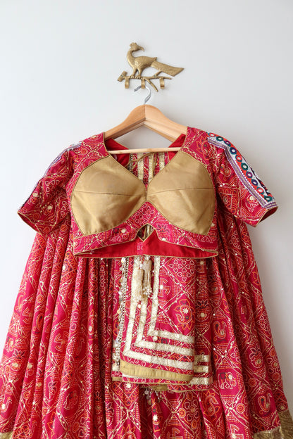 Red and Gold Bandhani Lehenga Choli - New, M/L