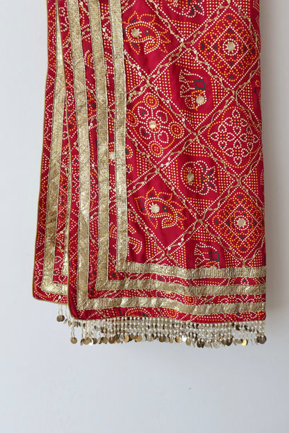 Red and Gold Bandhani Lehenga Choli - New, M/L