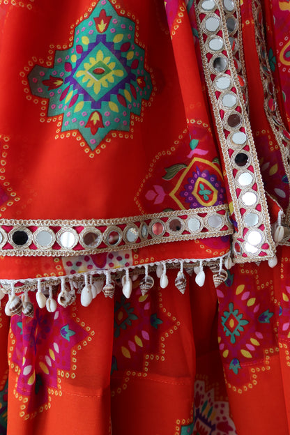 Orange Festive Printed Lehenga Choli - New, S/M