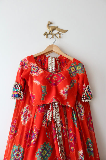 Orange Festive Printed Lehenga Choli - New, S/M